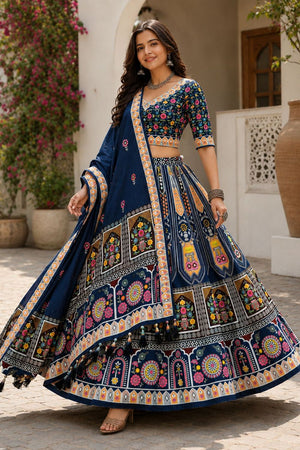 Blue Printed Cotton Blend Lehenga (ACB1468)