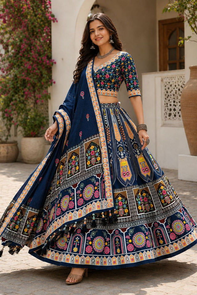 Blue Printed Cotton Blend Lehenga (ACB1468)