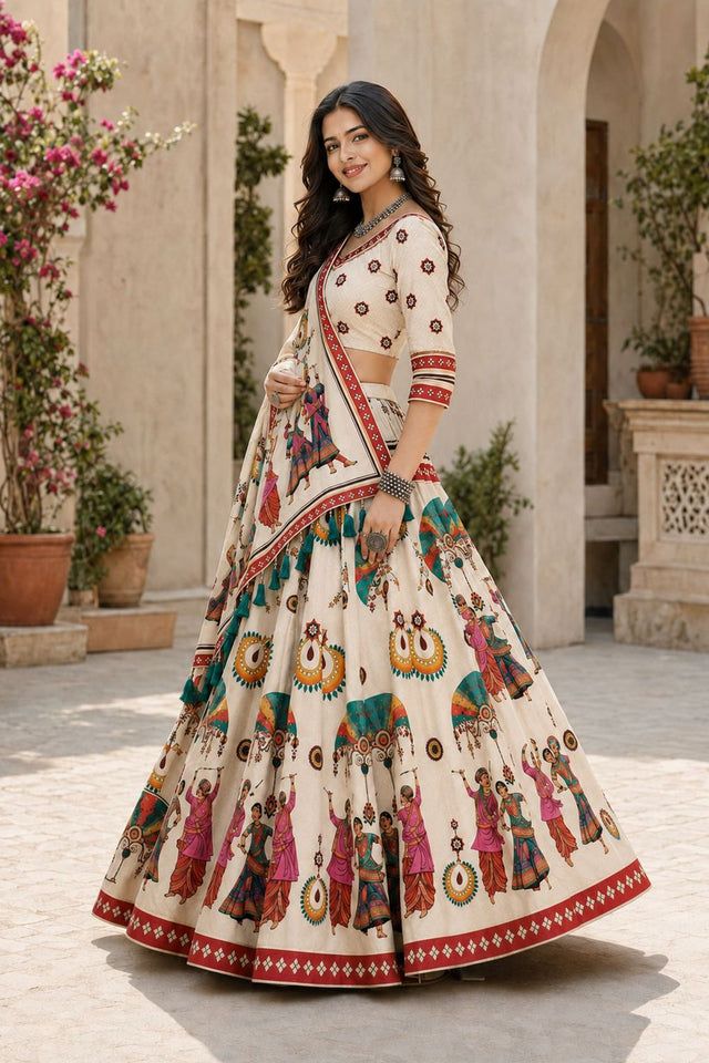Cream Printed Cotton Blend Lehenga (ACB1469)