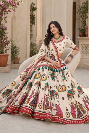 Cream Printed Cotton Blend Lehenga (ACB1469)