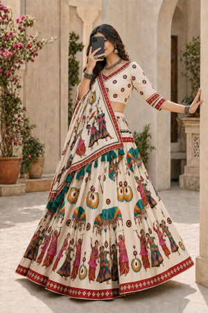 Cream Printed Cotton Blend Lehenga (ACB1469)