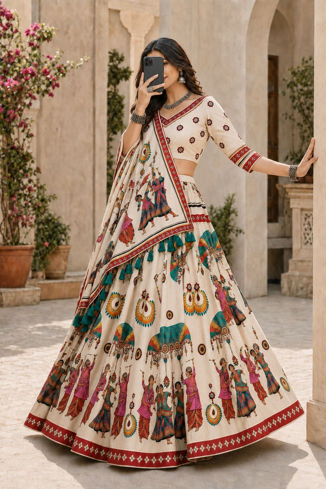 Cream Printed Cotton Blend Lehenga (ACB1469)