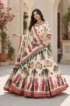 Cream Printed Cotton Blend Lehenga (ACB1469)