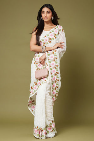 White Floral Embroidered Chiffon Saree (ACB1472)