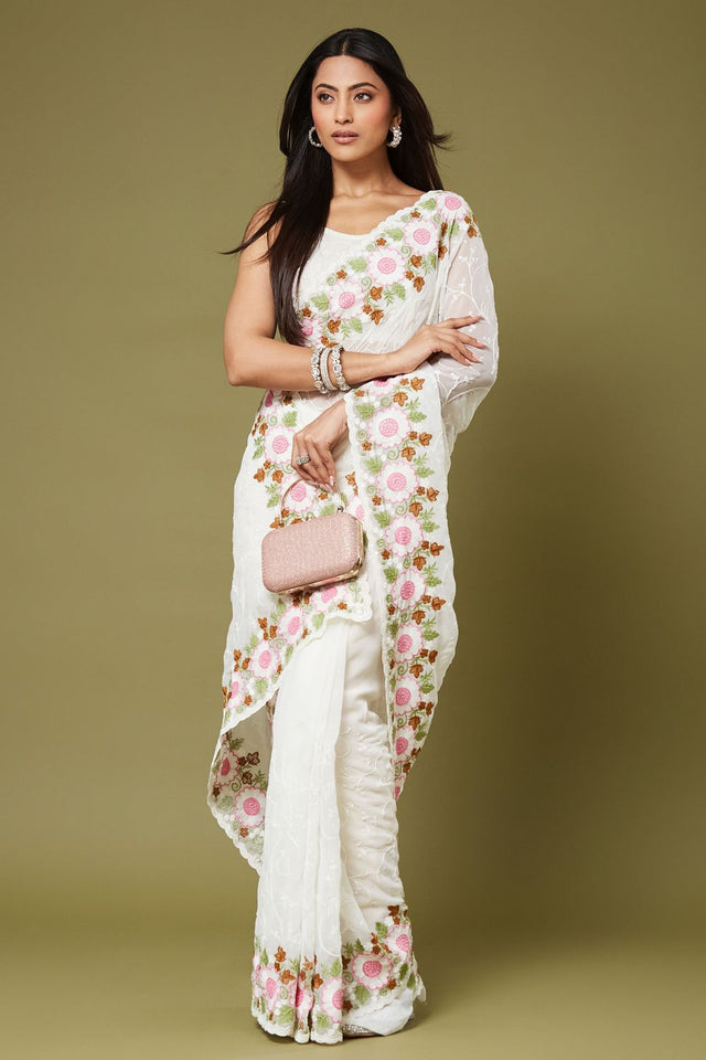 White Floral Embroidered Chiffon Saree (ACB1472)