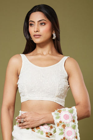 White Floral Embroidered Chiffon Saree (ACB1472)