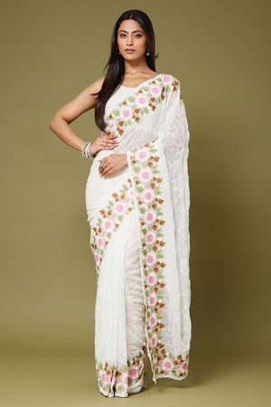White Floral Embroidered Chiffon Saree (ACB1472)