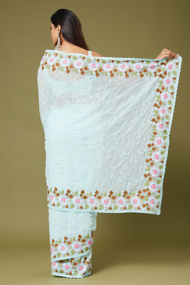 Sea Green Floral Embroidered Chiffon Saree (ACB1473)