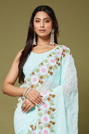 Sea Green Floral Embroidered Chiffon Saree (ACB1473)