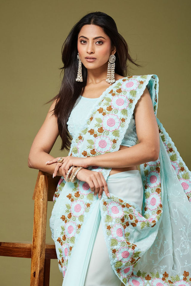 Sea Green Floral Embroidered Chiffon Saree (ACB1473)