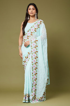 Sea Green Floral Embroidered Chiffon Saree (ACB1473)