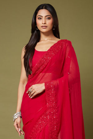 Red Sequin with Embroidered Georgette Saree (ACB1474)