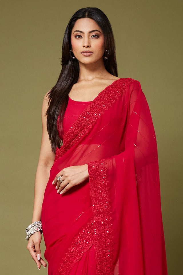 Red Sequin with Embroidered Georgette Saree (ACB1474)