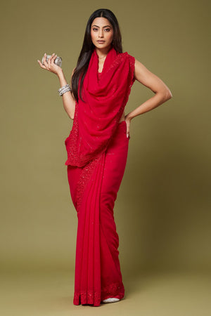 Red Sequin with Embroidered Georgette Saree (ACB1474)