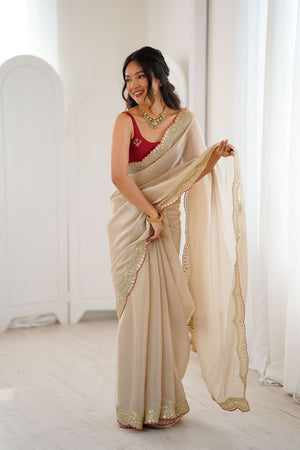 Beige Solid with Zari Border Silk Saree (ACB1475)