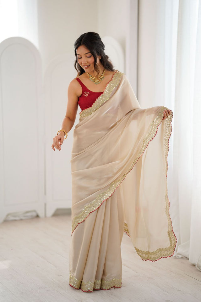 Beige Solid with Zari Border Silk Saree (ACB1475)