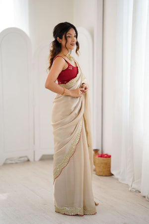 Beige Solid with Zari Border Silk Saree (ACB1475)