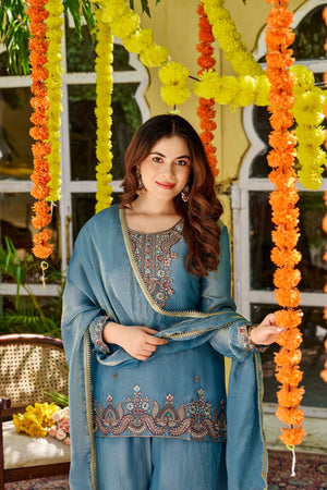 Blue Floral Embroidered Satin Palazzo Suit (ACB1476)