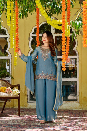 Blue Floral Embroidered Satin Palazzo Suit (ACB1476)