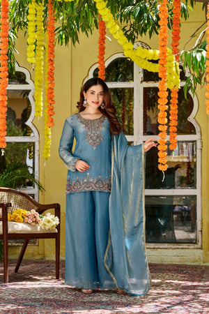 Blue Floral Embroidered Satin Palazzo Suit (ACB1476)