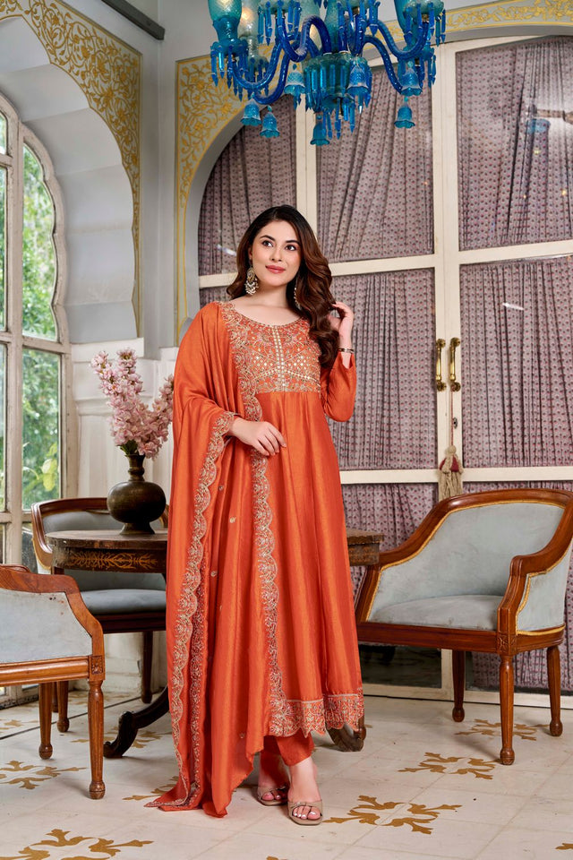 Rust Sequin with Embroidered Silk Anarkali Suit (ACB1477)