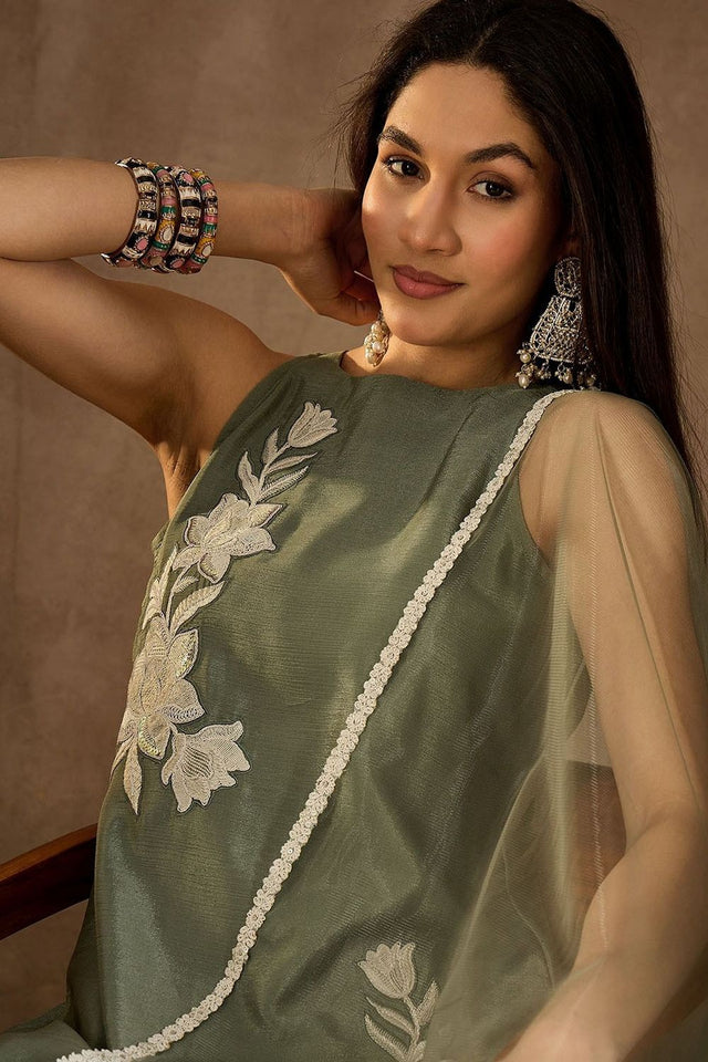 Green Floral Embroidered Chinon Palazzo Suit (ACB1479)