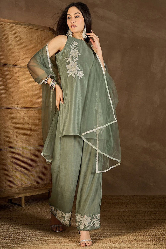 Green Floral Embroidered Chinon Palazzo Suit (ACB1479)