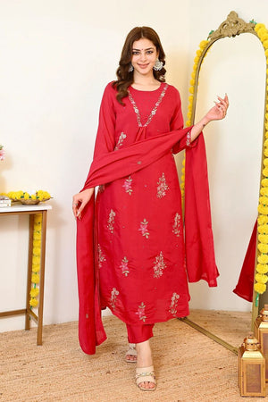Red Floral Embroidered Chanderi Straight Cut Suit (ACB1480)