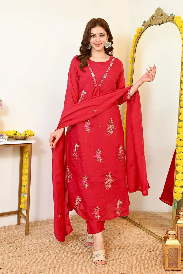 Red Floral Embroidered Chanderi Straight Cut Suit (ACB1480)