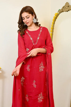 Red Floral Embroidered Chanderi Straight Cut Suit (ACB1480)