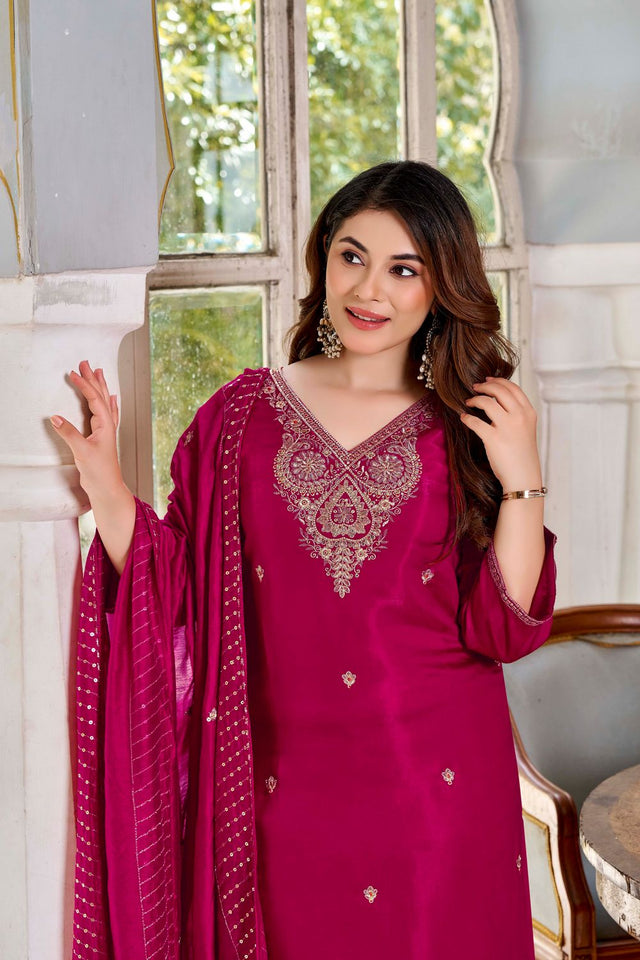 Pink Embroidered Viscose Straight Cut Suit (ACB1481)