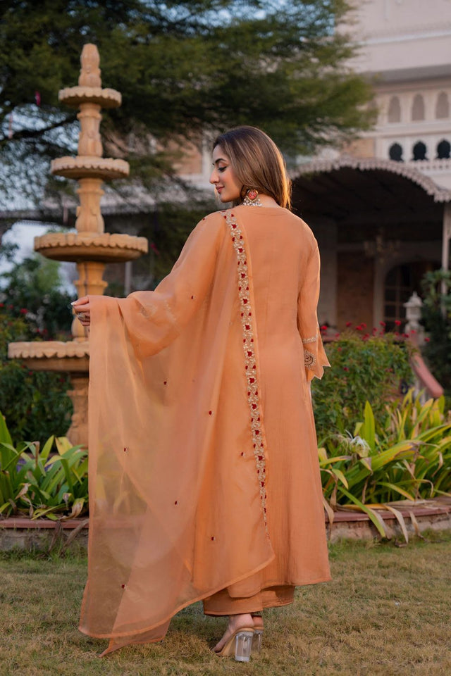Peach Embroidered Chanderi Palazzo Suit (ACB1482)