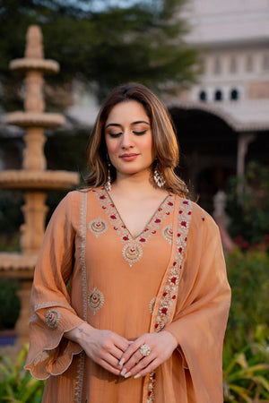 Peach Embroidered Chanderi Palazzo Suit (ACB1482)
