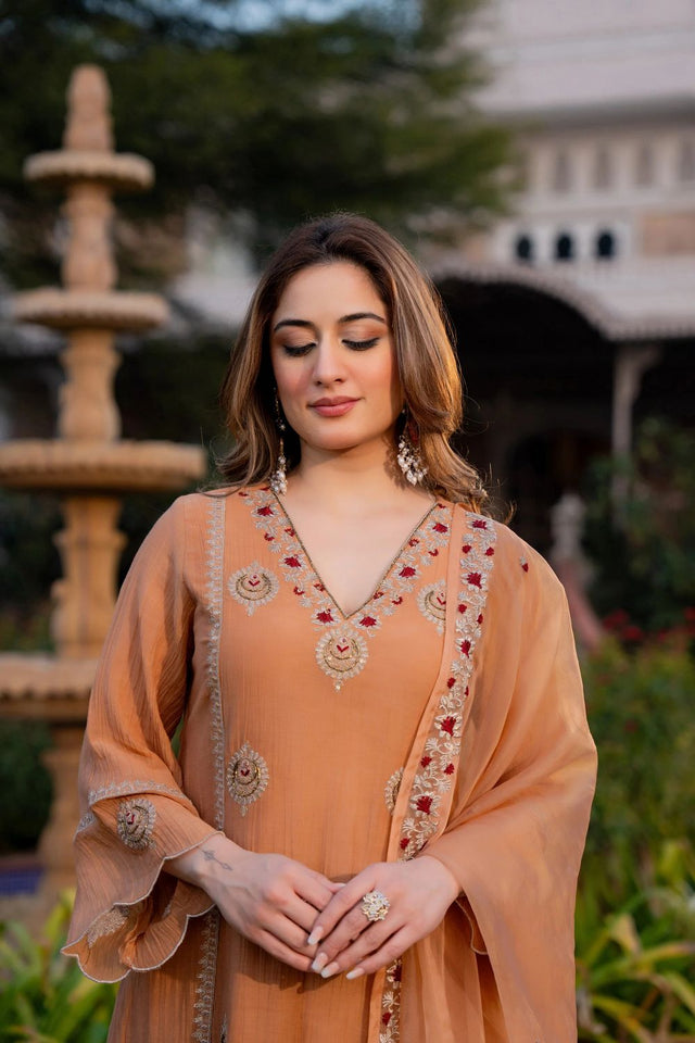 Peach Embroidered Chanderi Palazzo Suit (ACB1482)