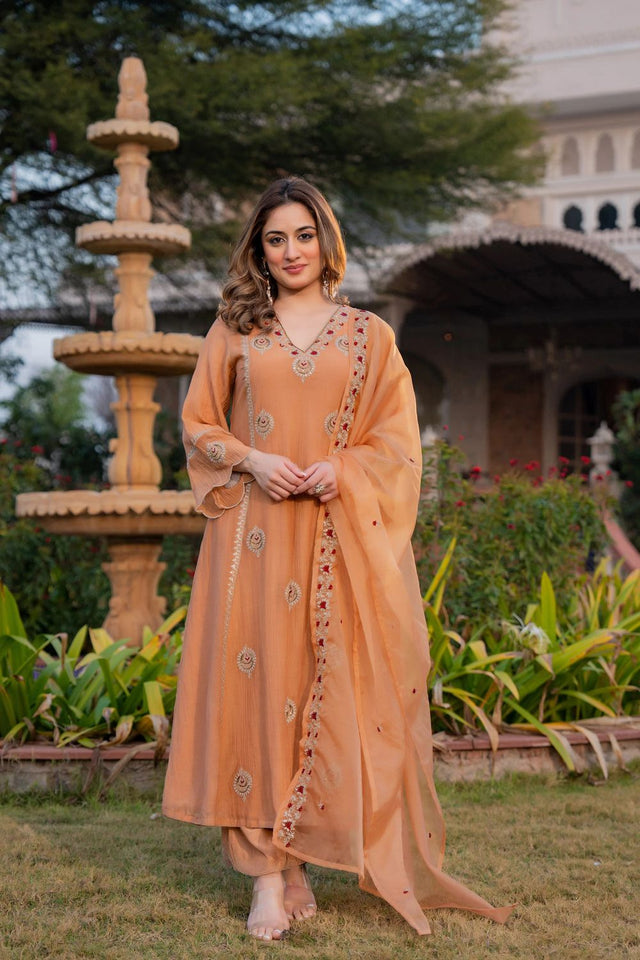 Peach Embroidered Chanderi Palazzo Suit (ACB1482)