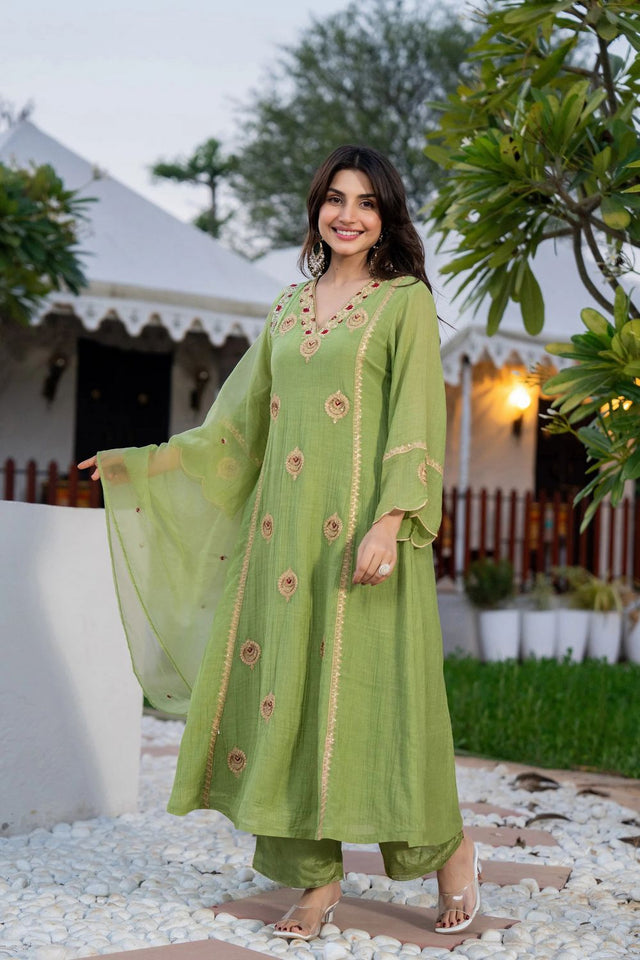 Green Embroidered Chanderi Palazzo Suit (ACB1483)