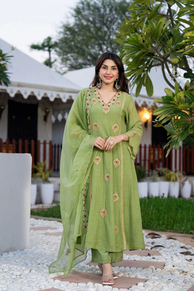 Green Embroidered Chanderi Palazzo Suit (ACB1483)