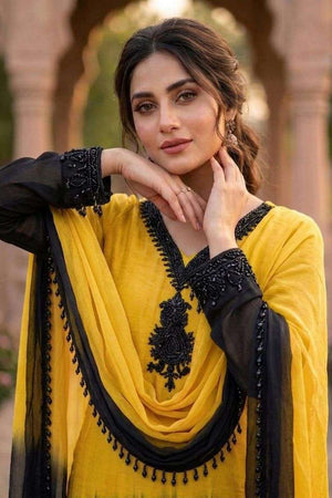 Yellow Floral Embroidered Crepe Straight Cut Suit (ACB1484)