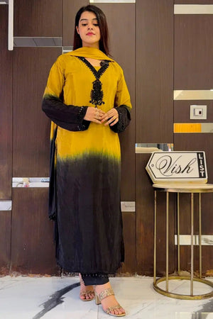 Yellow Floral Embroidered Crepe Straight Cut Suit (ACB1484)