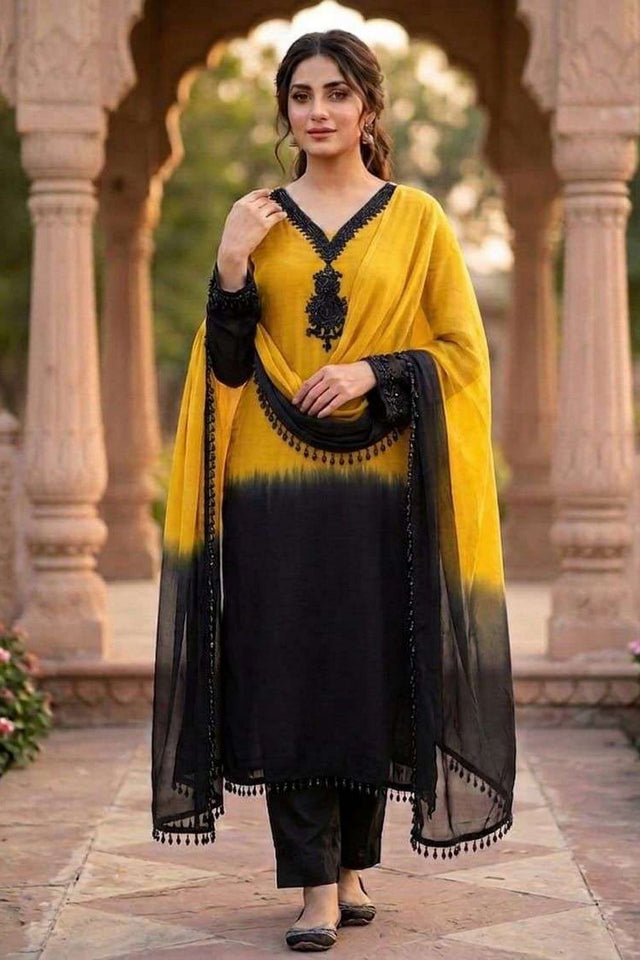 Yellow Floral Embroidered Crepe Straight Cut Suit (ACB1484)