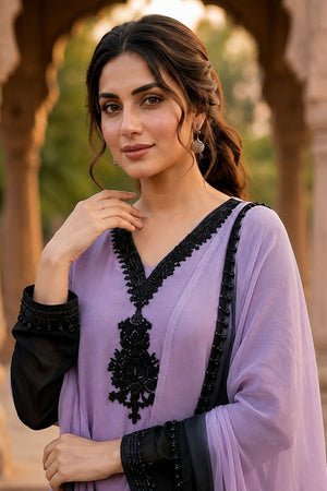 Lavender Floral Embroidered Crepe Straight Cut Suit (ACB1485)