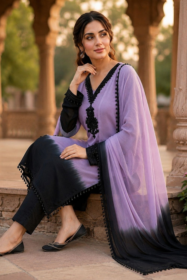 Lavender Floral Embroidered Crepe Straight Cut Suit (ACB1485)