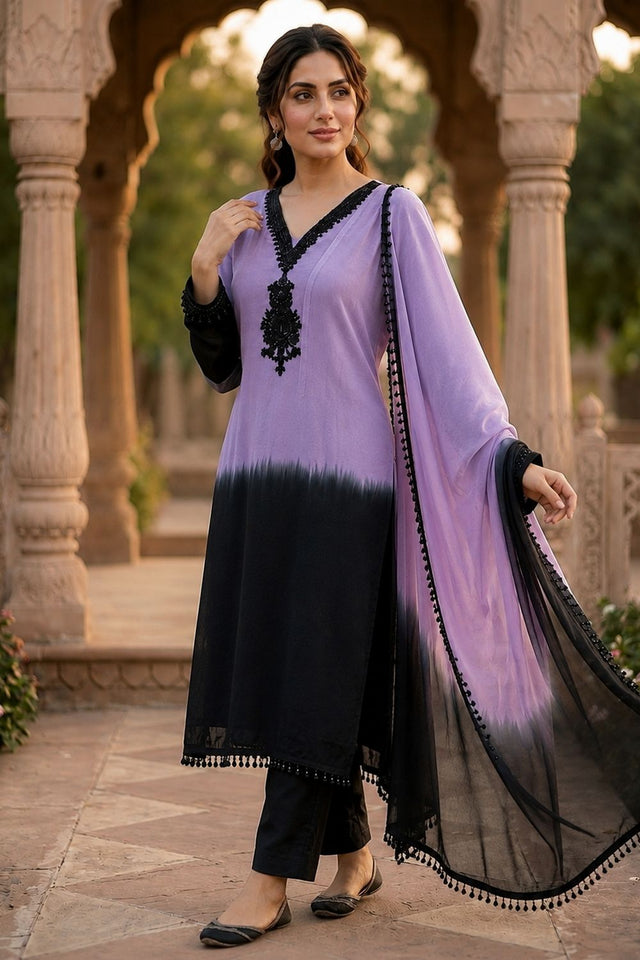 Lavender Floral Embroidered Crepe Straight Cut Suit (ACB1485)