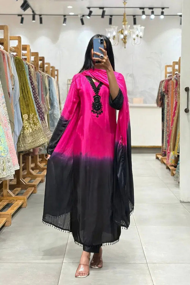 Pink Floral Embroidered Crepe Straight Cut Suit (ACB1486)