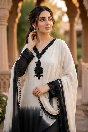 Off White Floral Embroidered Crepe Straight Cut Suit (ACB1487)