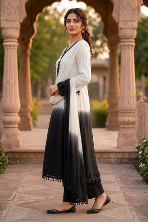 Off White Floral Embroidered Crepe Straight Cut Suit (ACB1487)