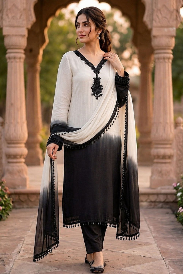 Off White Floral Embroidered Crepe Straight Cut Suit (ACB1487)