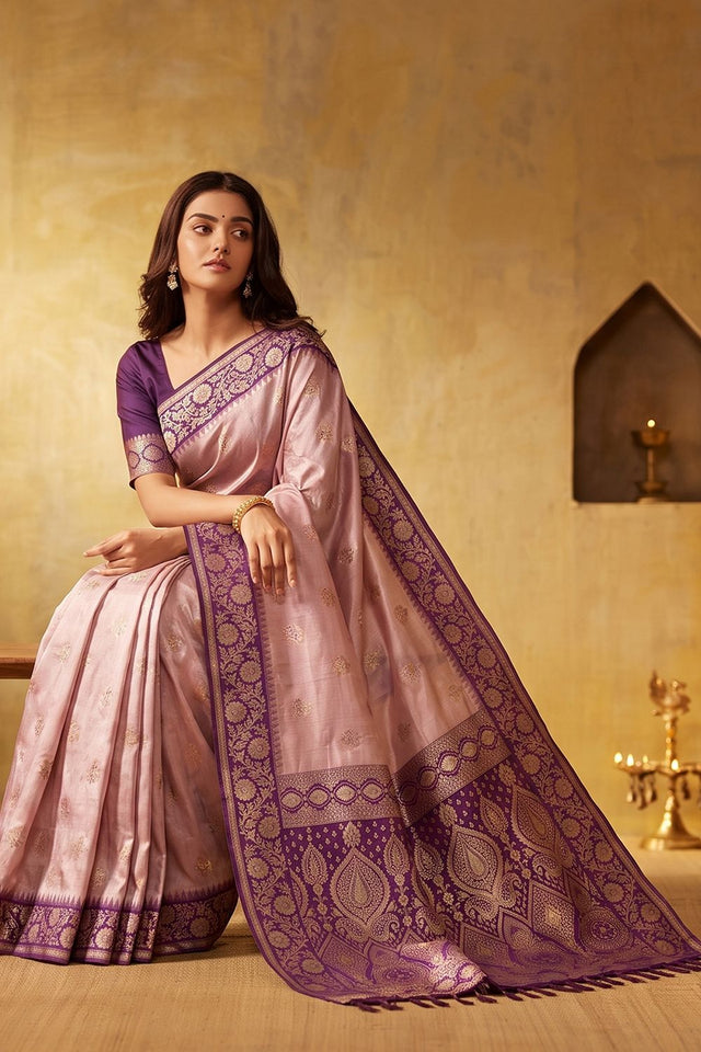 Pink Zari Woven Silk Blend Saree (ACB1490)