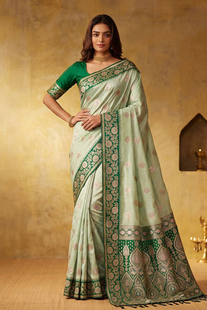 Green Zari Woven Silk Blend Saree (ACB1491)