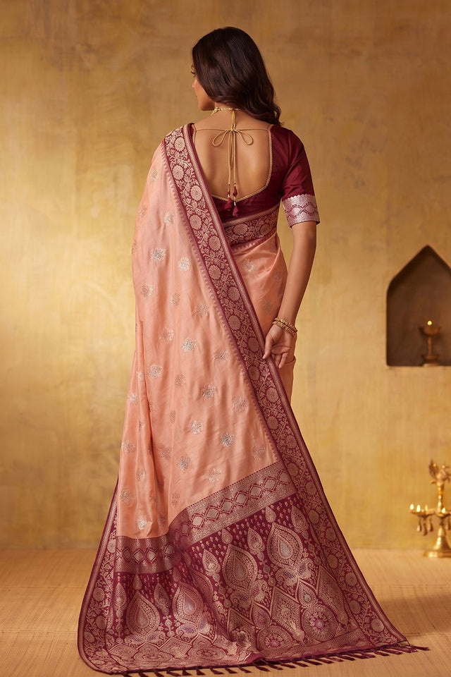 Peach Zari Woven Silk Blend Saree (ACB1492)